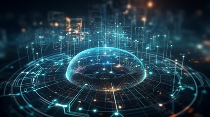 Obraz premium Conceptual digital artwork of a glowing sphere within a futuristic network, illustrating themes of connectivity and advanced technological systems