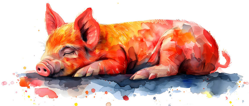 A digital watercolor illustration of a peaceful sleeping piglet with a vivid, colorful backdrop