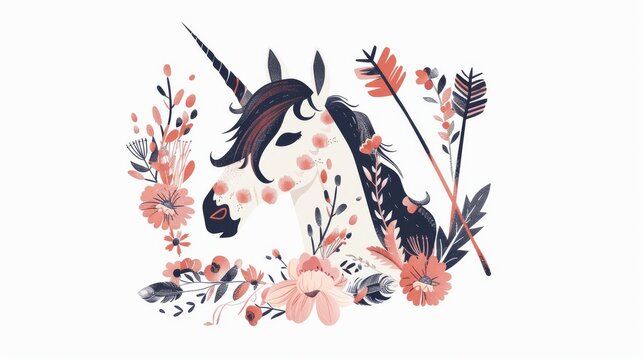 Fashion boho chick style horse with flower, feather wreath, and arrow. Traditional bohemian decoration suitable for posters, events, promotions, shops, and stores.