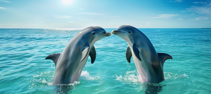 Graceful dolphins forming heart shape leaping from clear ocean under tropical sun