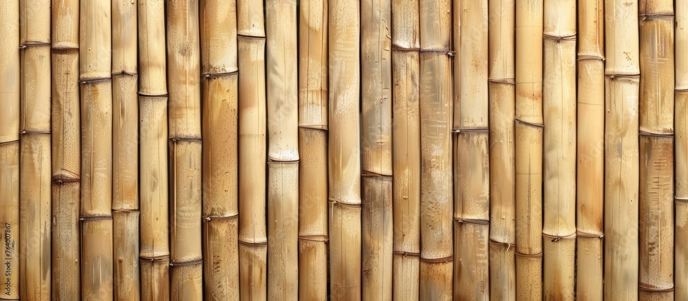 Poster a closeup of a bamboo fence showcasing the natural beauty of the bamboo sticks, with its unique patt