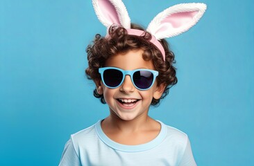 Funny happy boy wearing bunny headband and sunglasses, on solid pastel blue background. Easter holiday concept