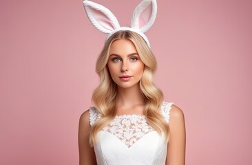 Portrait of lovely, romantic young blonde woman in rabbit ears and white dress. Pastel light pink background. Easter holiday concept.