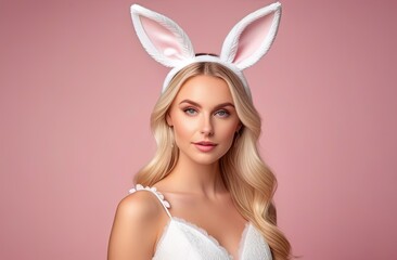 Portrait of lovely, romantic young blonde woman in rabbit ears and white dress. Pastel light pink background. Easter holiday concept.