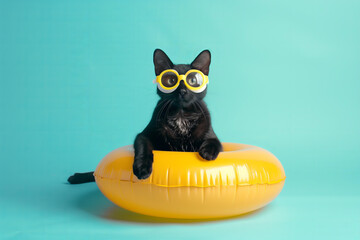 Cute happy black cat with with goggles sitting on an inflatable ring isolated over a light cyan background