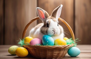 Basket with colorful easter eggs and easter bunny on a plain brown background - Easter decoration, banner, panorama, postcard, background. Happy Easter.