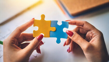 women's hands hold a jigsaw puzzle, symbolizing unity and teamwork in business. Empty space conveys potential and collaboration