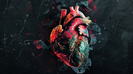 Cut out of an old magazine. Anatomical heart in halftone effect. Isolated on a black background. An element for collage. Modern illustration. - obrazy, fototapety, plakaty