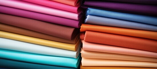 A variety of colored fabrics are piled on each other showcasing different material properties like tints and shades. Colors include magenta, electric blue, peach, and paper products