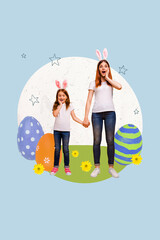 Creative abstract collage of amazed mom daughter hold hands celebrate easter holiday tradition invitation billboard comics zine minimal