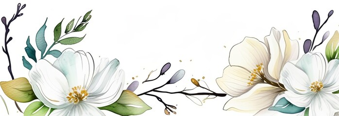Fototapeta na wymiar Composition of white spring flowers and green branches over white background. Springtime holidays concept with copy space. Watercolor illustration, banner,panorama,background