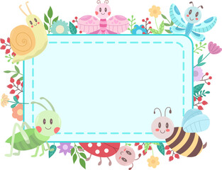 Square shaped frame blue with different cute insects on a white background. Flowers and branches leaf. Vector illustration