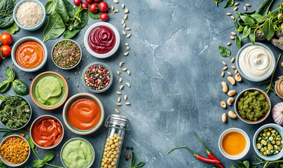 Vegan/ vegetarian sauces and spices in jars and bowls seen from above, healthy food top view wallpaper with copy space