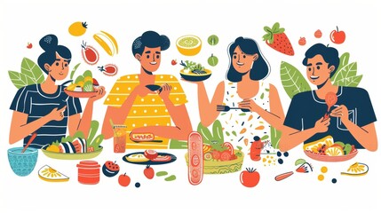Fototapeta na wymiar The modern illustration represents a flat design of people who consume food