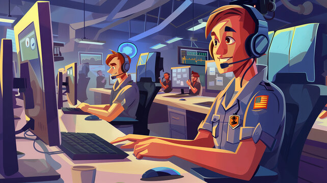 a 911 call center for first responders, fire, police, and medical personnel, in an Emergency-themed, Horizontal format in JPG, Cartoon Illustration. Generative ai