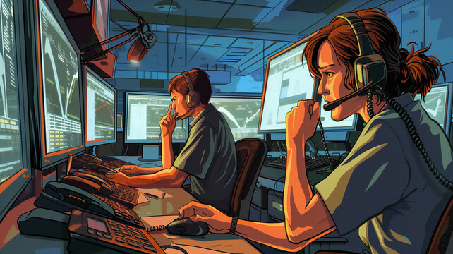 a 911 call center for first responders, fire, police, and medical personnel, in an Emergency-themed, Horizontal format in JPG, Cartoon Illustration. Generative ai