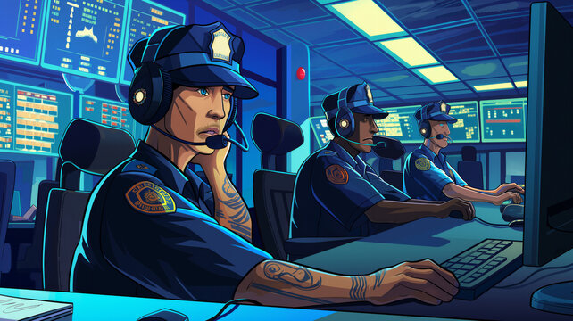 a 911 call center for first responders, fire, police, and medical personnel, in an Emergency-themed, Horizontal format in JPG, Cartoon Illustration. Generative ai