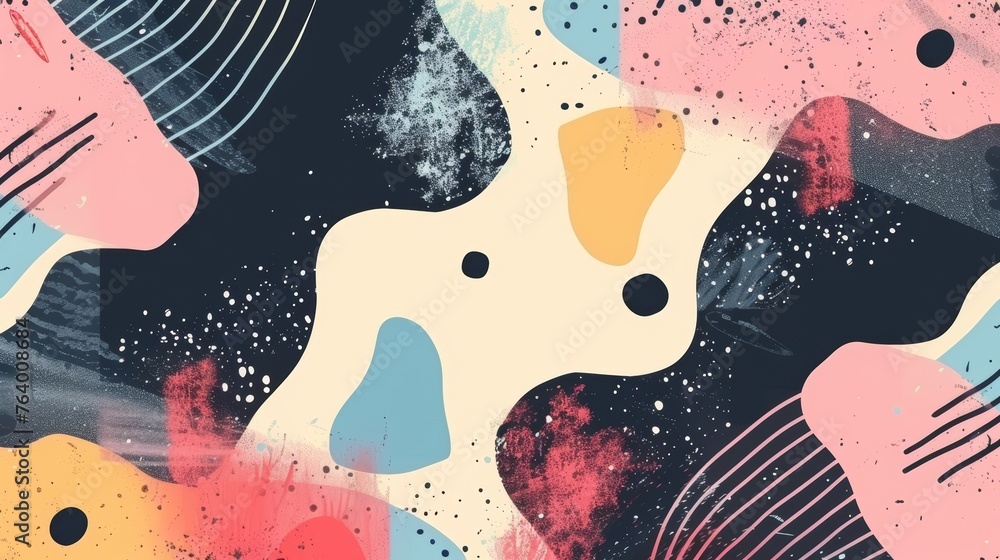 Poster a modern abstract card background featuring geometric shapes, random creative elements, blobs and bl