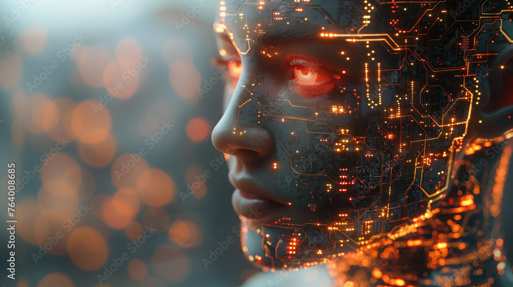 Poster artificial intelligence. human head outline with circuit board inside. technology and engineering co
