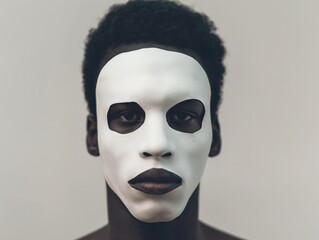Man with half-face painted white, symbolizing duality or hidden identity.