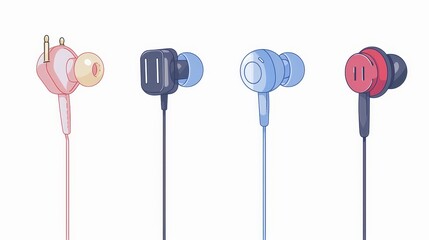 In this flat modern illustration, earphones are shown with a cable. Mobile device, audio accessory for listening to music. Earphones, plugs, compact gadget. White background with flat modern