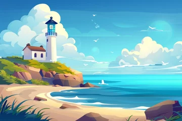 Rolgordijnen The lighthouse on the ocean shore. Modern cartoon illustration of a seascape with nautical navigation tower. An ocean shore with a lighthouse in summer. Lighthouse on cliff. Summer landscape on ocean © Mark