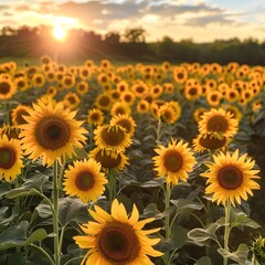Sunset over a vibrant sunflower field - Glowing sunset illuminating a vast field of bright sunflowers, symbolizing hope and the beauty of nature