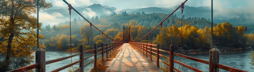 Fototapeta premium Sunset over river, bridge, and lake with cityscape and mountains in the background, under a colorful sky