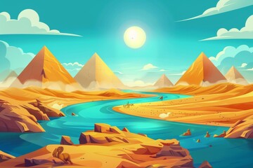 This modern cartoon illustration shows an Egyptian desert with a river and pyramids. It is a landscape with yellow sand dunes, blue water of Nile, ancient tombs, hot sun and clouds in the sky.