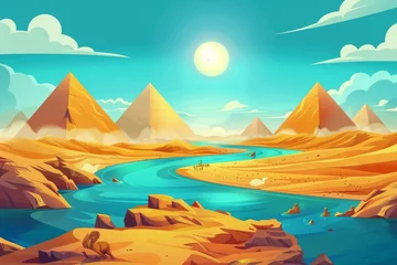 Dekokissen This modern cartoon illustration shows an Egyptian desert with a river and pyramids. It is a landscape with yellow sand dunes, blue water of Nile, ancient tombs, hot sun and clouds in the sky. © Mark