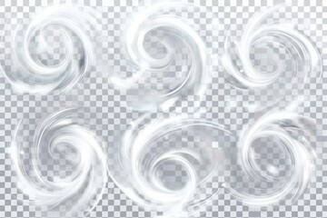 Isolated snow storm or wind swirls isolated on transparent background. Modern illustration of a white spiral, wave, and curve vortex effect. - obrazy, fototapety, plakaty