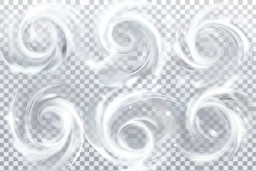 Fotobehang Isolated snow storm or wind swirls isolated on transparent background. Modern illustration of a white spiral, wave, and curve vortex effect. © Mark