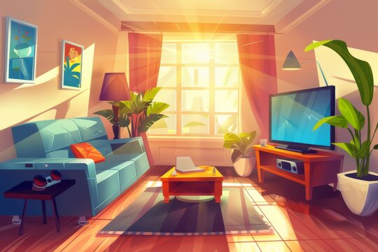 The living room interior features a sofa, TV, play console and potted plant. Modern cartoon illustration of a lounge with a coffee table, wooden floor and lamp. Big windows in the background provide