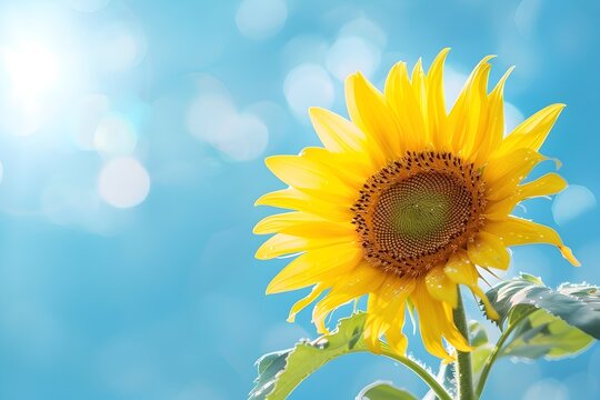 Bright Sunflower Under a Clear Blue Sky - A vivid image of a single sunflower basking in sunlight against a clear blue sky, dewdrops on its leaves