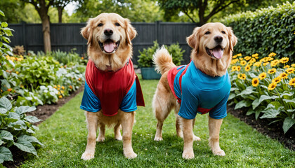 Golden Retriever Posing in Blue and Red Costume in the Garden