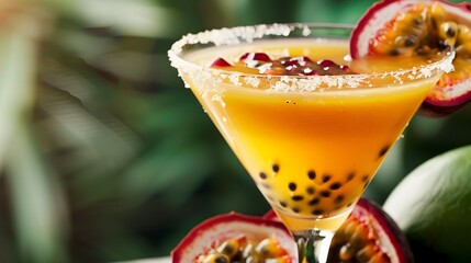 Passion fruit cocktail with salted rim close-up - Close-up image of a passion fruit cocktail with a salted rim and passion fruit seeds on top in a martini glass - obrazy, fototapety, plakaty