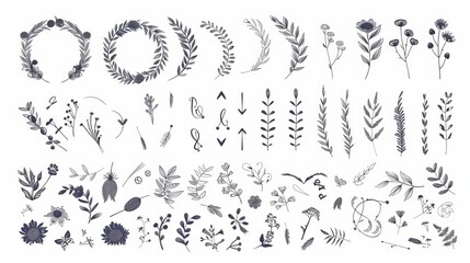 With more than 60 hand-drawn elements, including florals, calligraphic elements, arrows, catchphrases, rays, wreaths, etc.