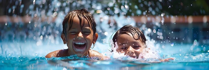 Joyful kids playing in pool water - Two cheerful children enjoying a splash in a pool, with bright joyful expressions