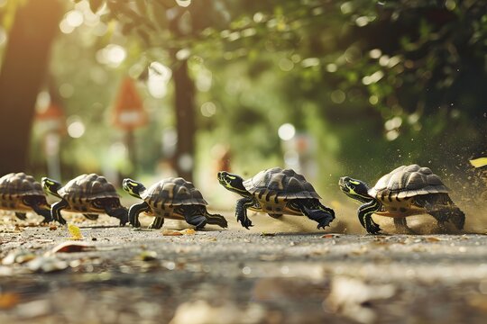 Tortoises racing on a sunny dusty road - A dynamic image of tortoises in a race, implying competition and perseverance, with a vibrant, sunlit backdrop