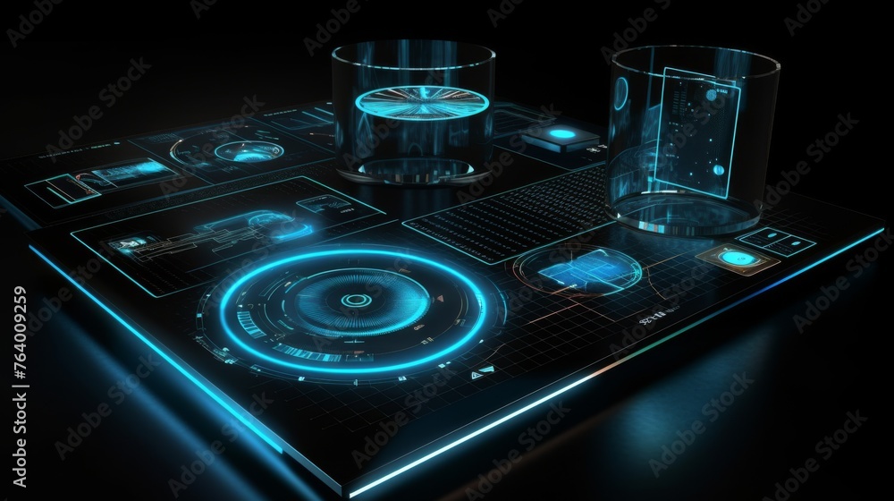 Poster an artistic rendering of a high-tech research lab workspace with holographic elements, showing a vir
