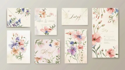 Modern set of watercolor flowers and calligraphic letters. Wedding collection.