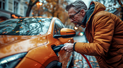 A man charges an electric car at an electric charging station