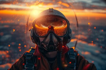 A close-up unveils an aviator's detailed helmet with a visor mirroring the brilliant sunset, encapsulating a flight's poetry - obrazy, fototapety, plakaty