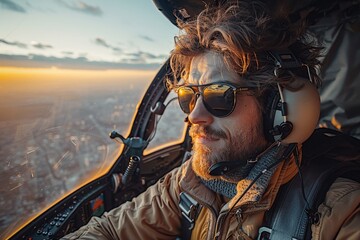Male pilot with striking features in a cockpit with sunset casting a warm glow - obrazy, fototapety, plakaty