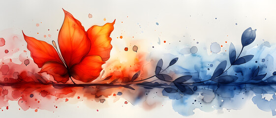 A radiant butterfly perched on foliage, set against a contrasting red and blue watercolor background