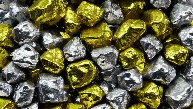 Realistic 3D animation of the shining precious gold nuggets and pieces of silver or platinum falling from the top filling the volume rendered in UHD with alpha matte