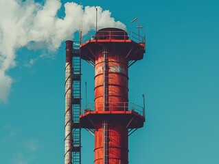 Industrial smokestack with filters, blue sky, reduced emissions, cleaner future - obrazy, fototapety, plakaty