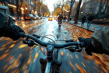 A cyclist's point of view as they ride down an urban road framed by trees with autumn leaves and cars passing by - obrazy, fototapety, plakaty