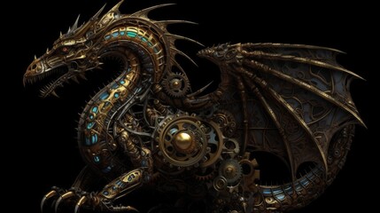 Obraz premium A steampunk-style dragon, crafted with bronze gears and golden embellishments, embodies ancient myth with a mechanical twist, set against darkness