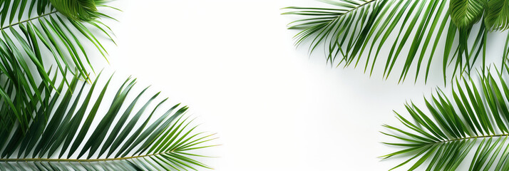 Fototapeta na wymiar Palm tree branches on white background with copy space, top view. Travel agency banner. Summer, vacation